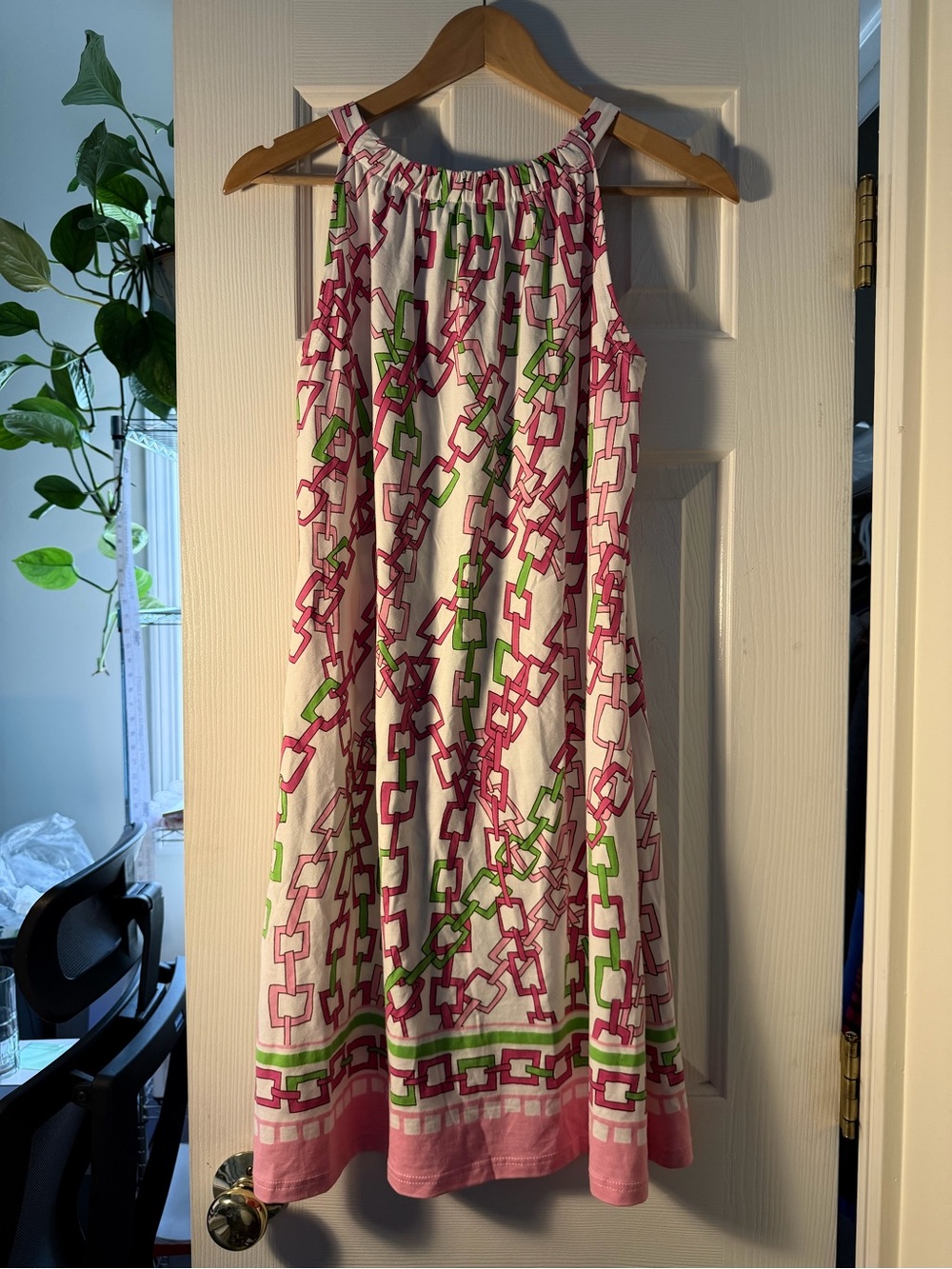Barbara Gerwit Sleeveless Pink & Green Chain-Print Sundress. Sz L